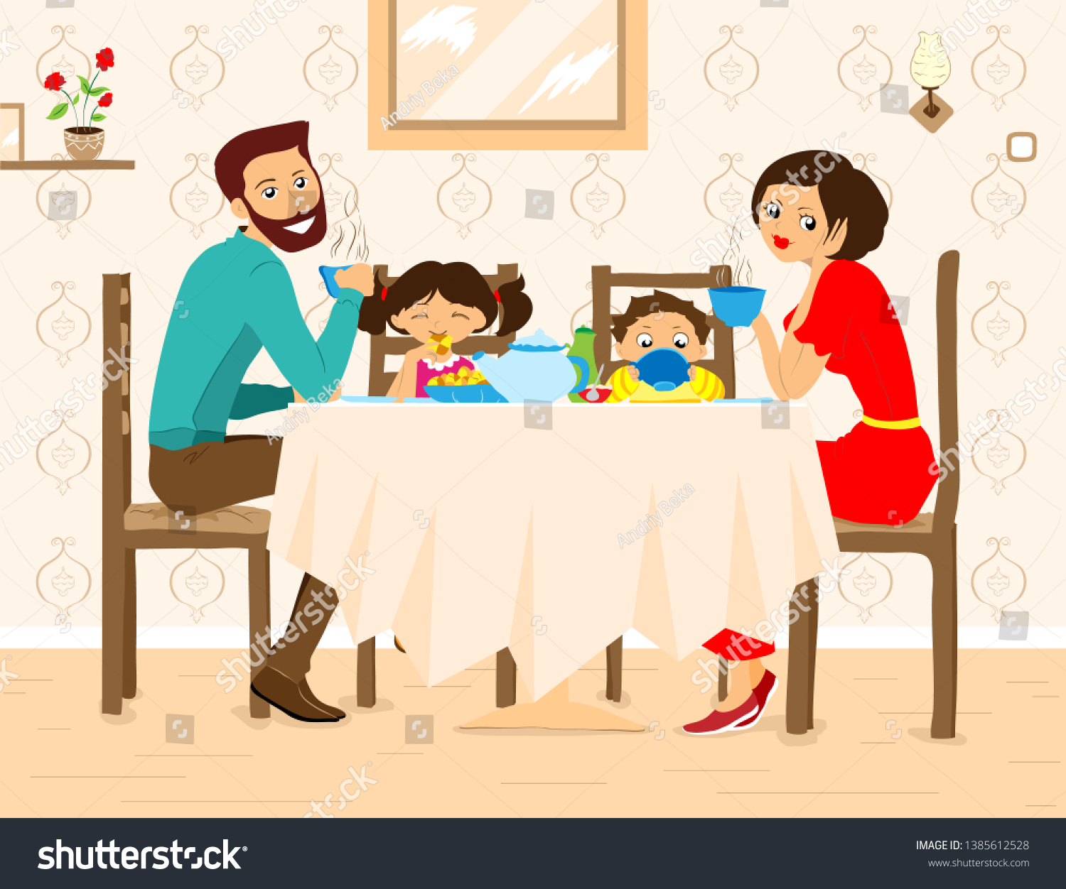 Family Sitting Home Drinking Tea Vector Stock Vector (Royalty Free ...