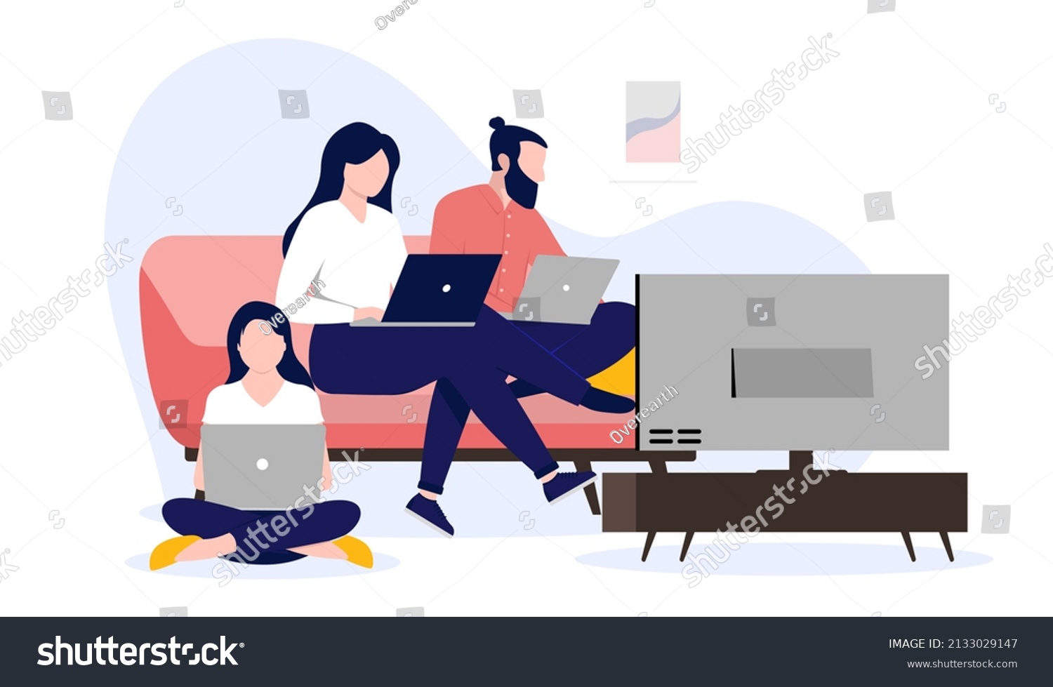 Family Sitting Sofa Online Using Computers Stock Vector (Royalty Free ...