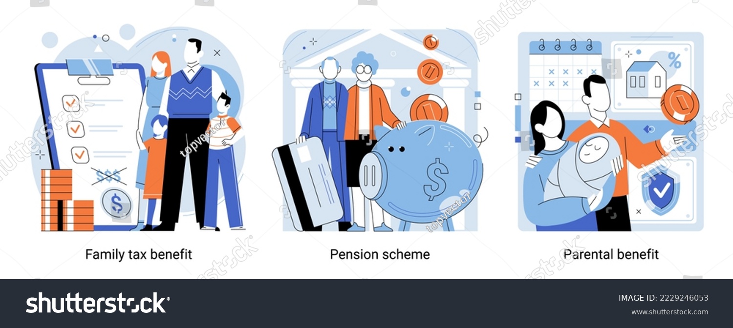SVG of Family tax benefit, pension scheme, parental benefit scenes set. Social welfare state payment, social insurance. Finance protection of citizens. Support for pensioners and families with children svg