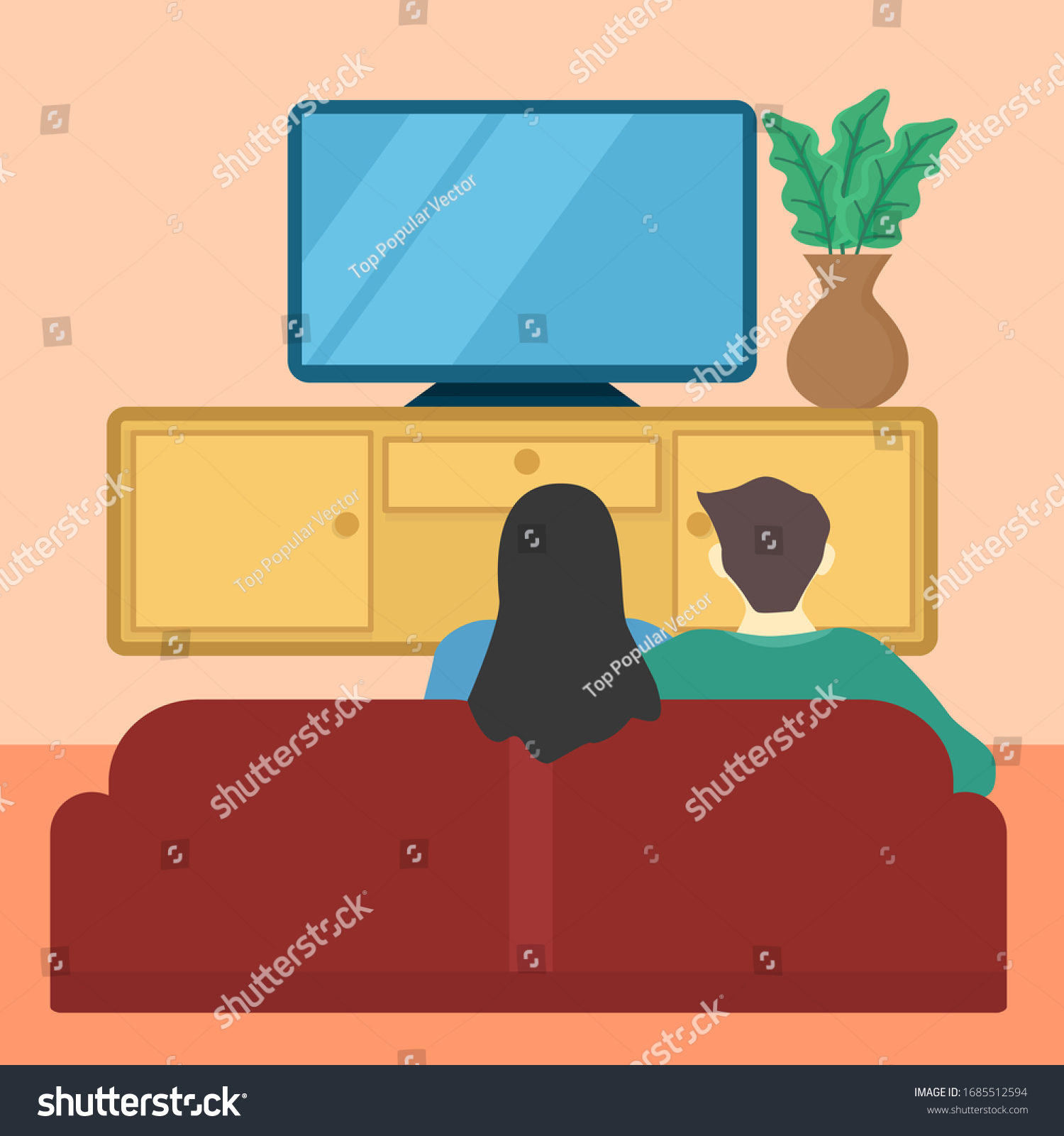 Family Watching Television Living Room Vector Stock Vector (Royalty ...