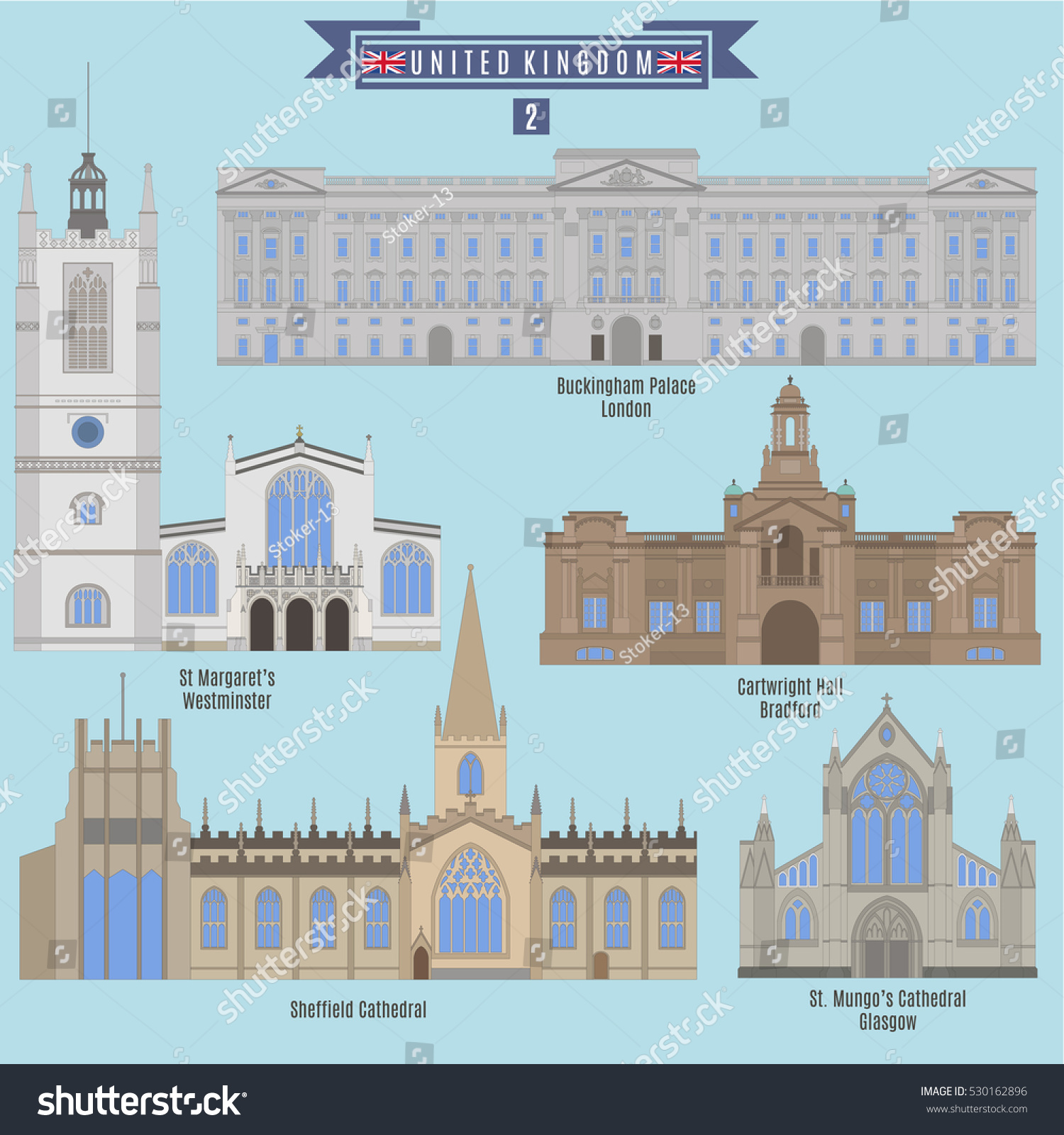 SVG of Famous Places in United Kingdom: Buckingham Palace - London, St. Margarets - Westminster, Cartwright Hall - Bradford, Sheddield Cathedral, St. Mungos Cathedral - Glasgow svg