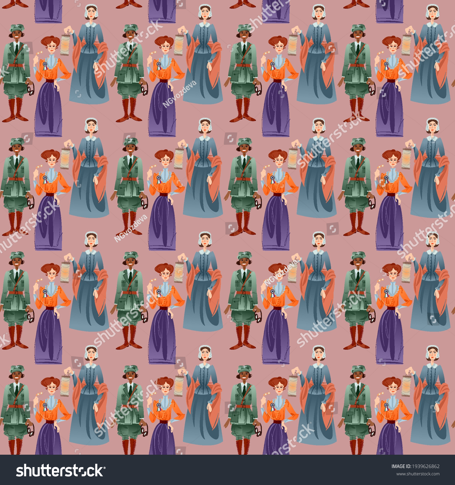SVG of Famous women. Bessie Coleman, Emmeline Pankhurst, Florence Nightingale. Seamless background pattern. Vector illustration svg