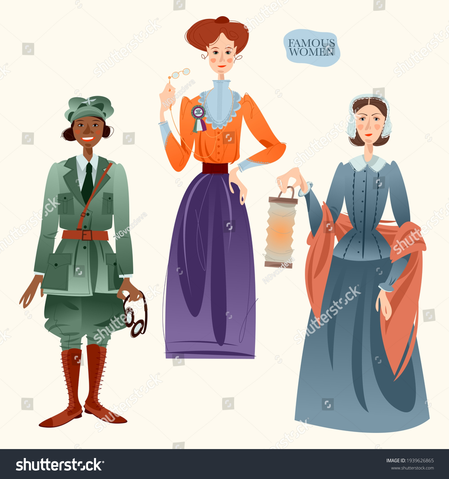 SVG of Famous women. Bessie Coleman, Emmeline Pankhurst, Florence Nightingale. Vector illustration.  svg