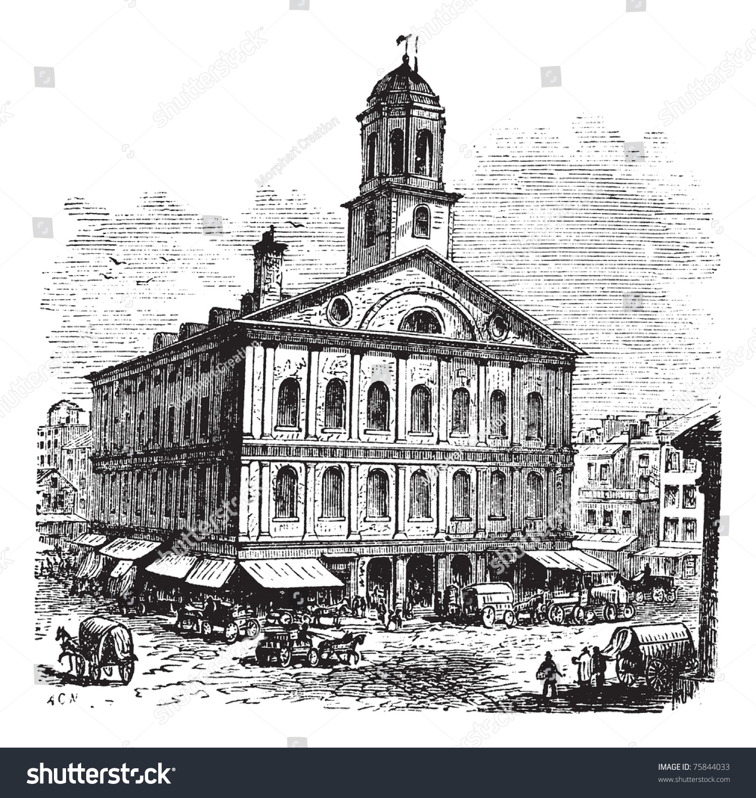 SVG of Faneuil Hall or The Cradle of Liberty, Boston, Massachusetts, USA vintage engraving.  Old engraved illustration of building exterior svg