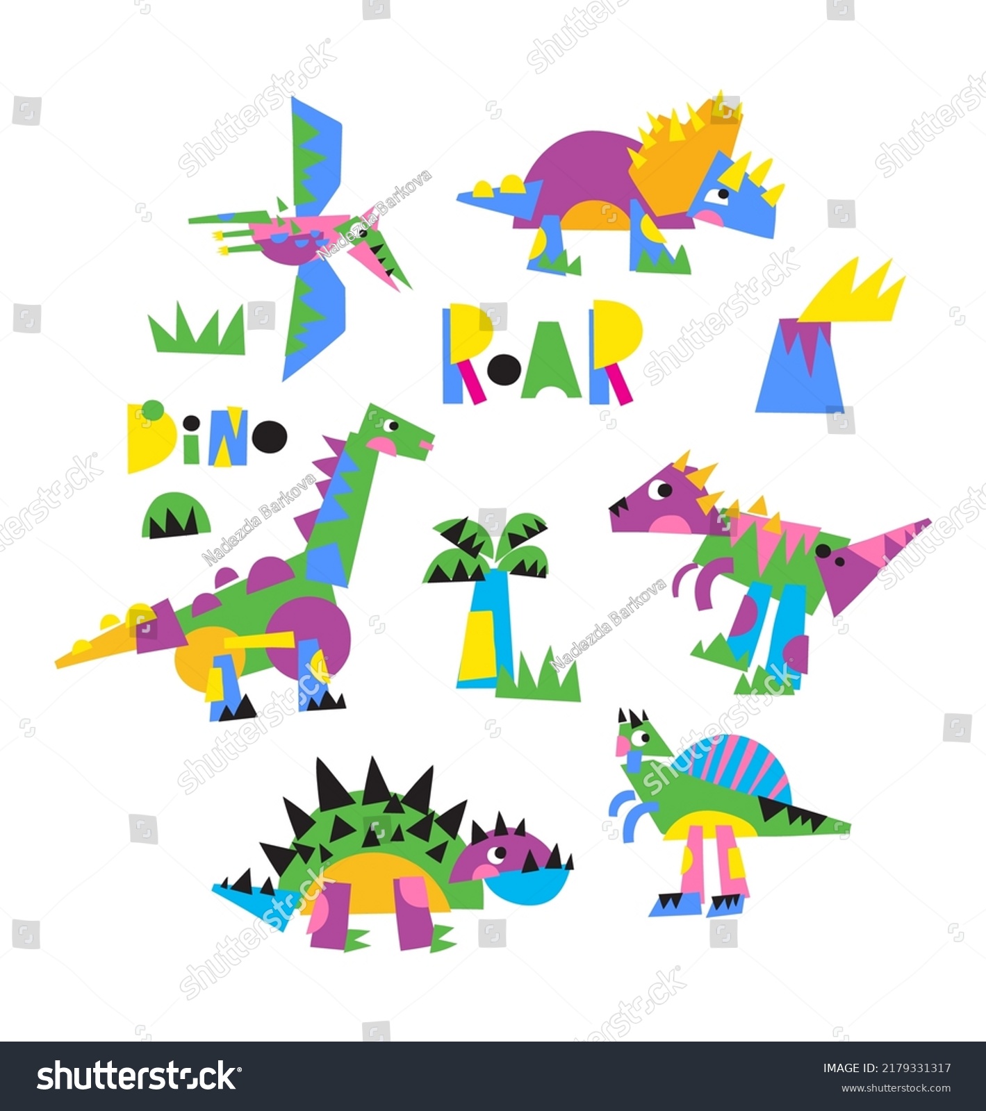 SVG of Fantastic cartoon Dino - vector print. dinosaur from abstract geometric shapes collage in modern style svg
