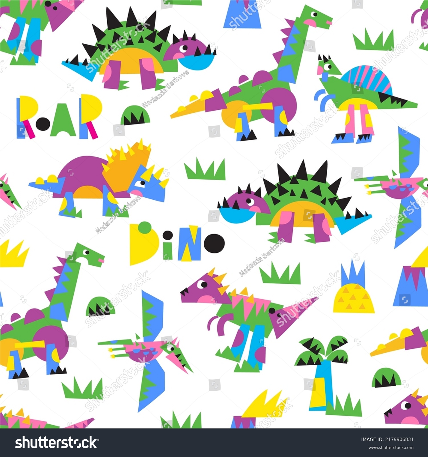 SVG of Fantastic cartoon Dino - vector print. dinosaur from abstract geometric shapes collage in modern style - seamless vector pattern svg