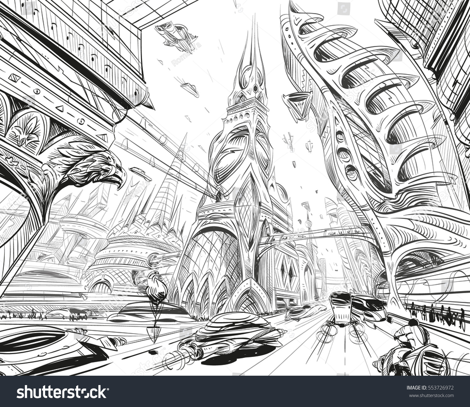 Fantastic City Future Concept Art Illustration Stock Vector (Royalty