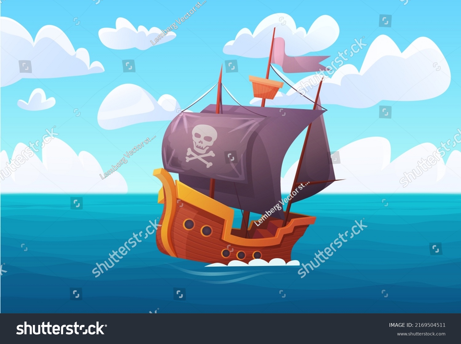 SVG of Fantasy adventure of wooden ship with pirate flag in sea harbor vector illustration. Cartoon sea landscape with buccaneers old galleon travel, search of golden treasure by corsairs background svg
