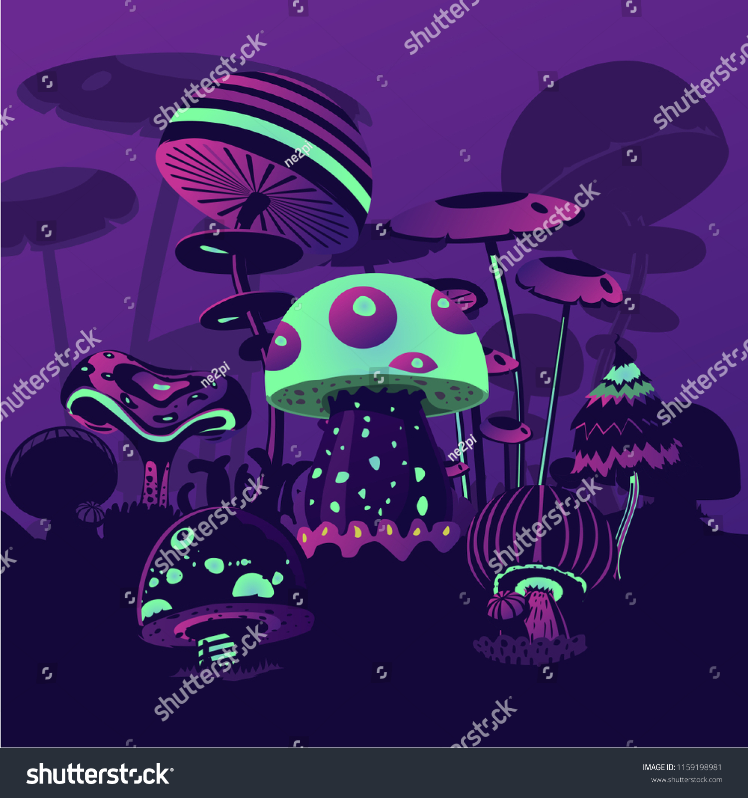 Fantasy Background Neon Mushrooms Magic Landscape Stock Vector Royalty Free