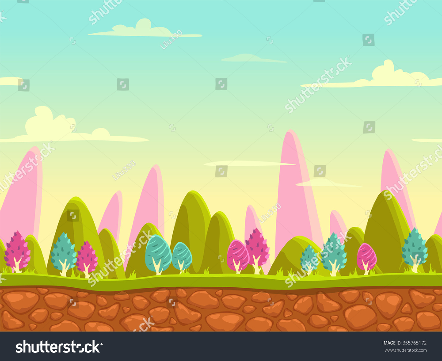 Fantasy Cartoon Landscape Seamless Nature Background Stock Vector