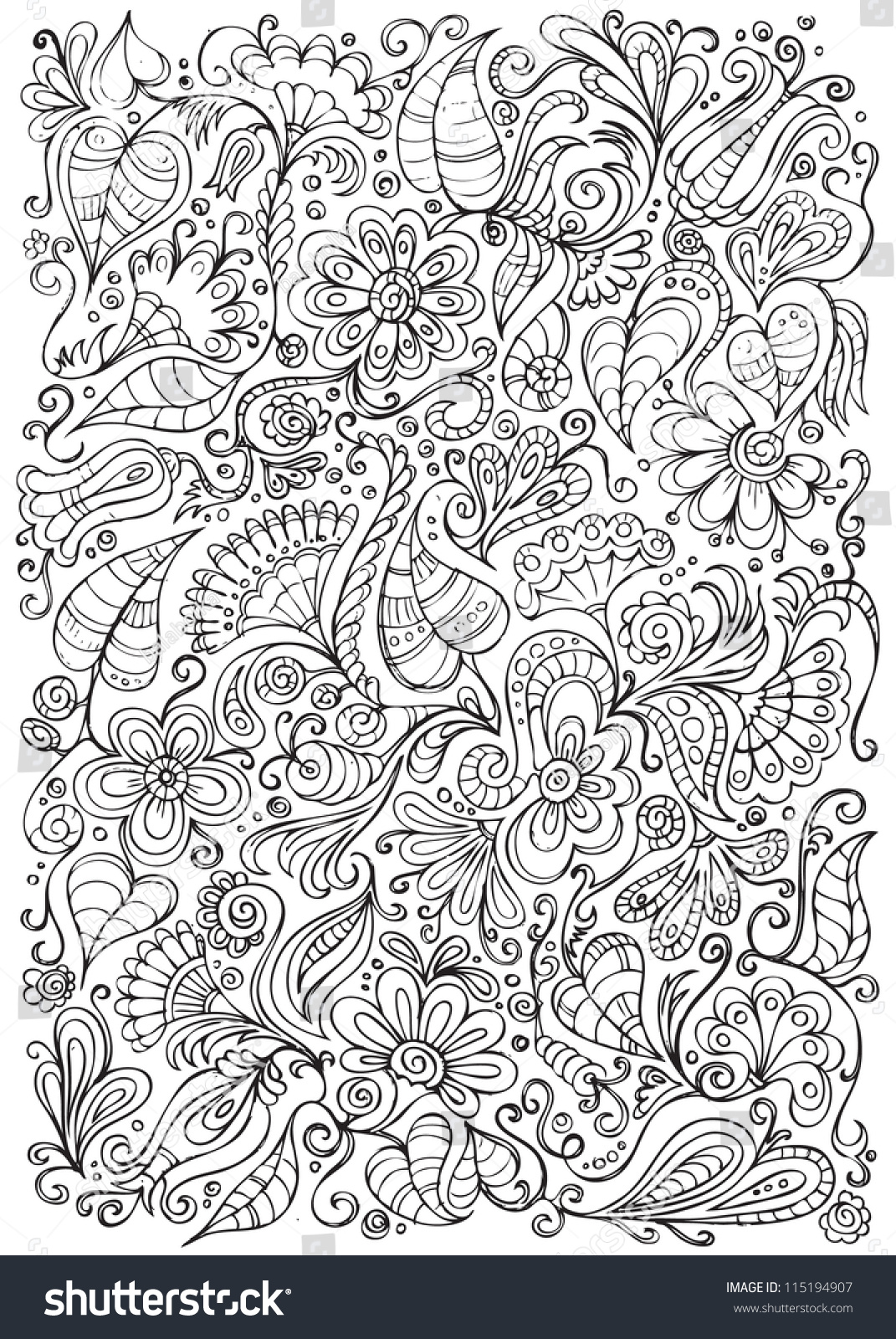 Fantasy Doodle Floral Background Stock Vector Illustration 115194907 ...