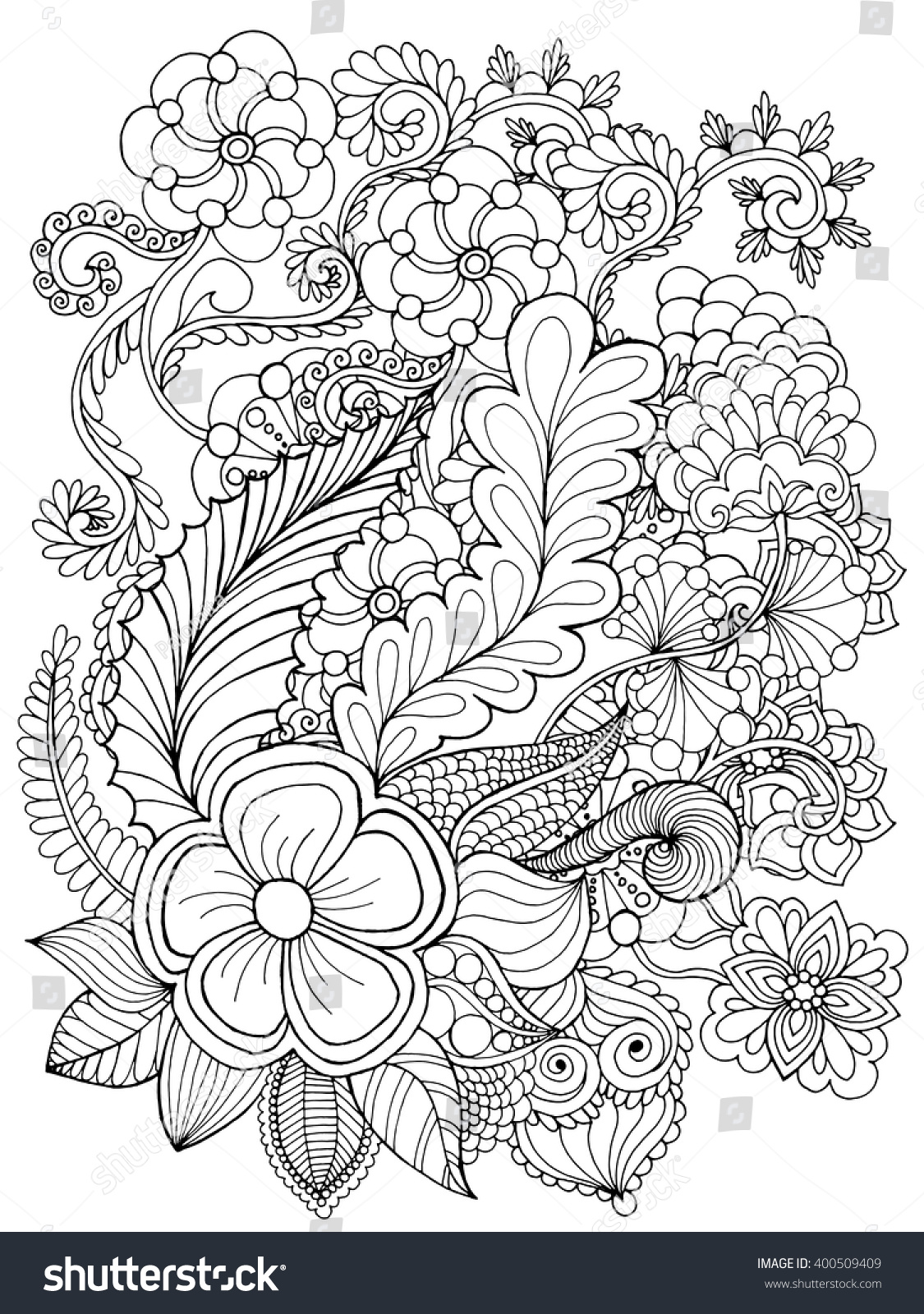 stock-vector-fantasy-flowers-coloring-page-hand-drawn-doodle-floral-patterned-vector-illustration-african-400509409
