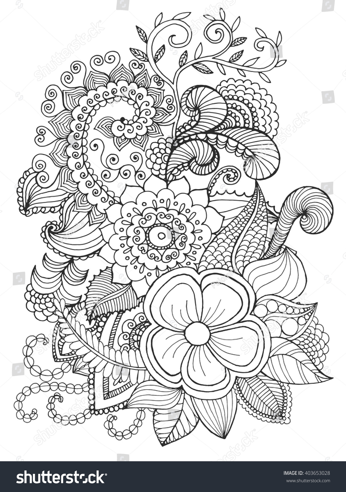 Fantasy Flowers Coloring Page Hand Drawn Stock Vector Royalty ...
