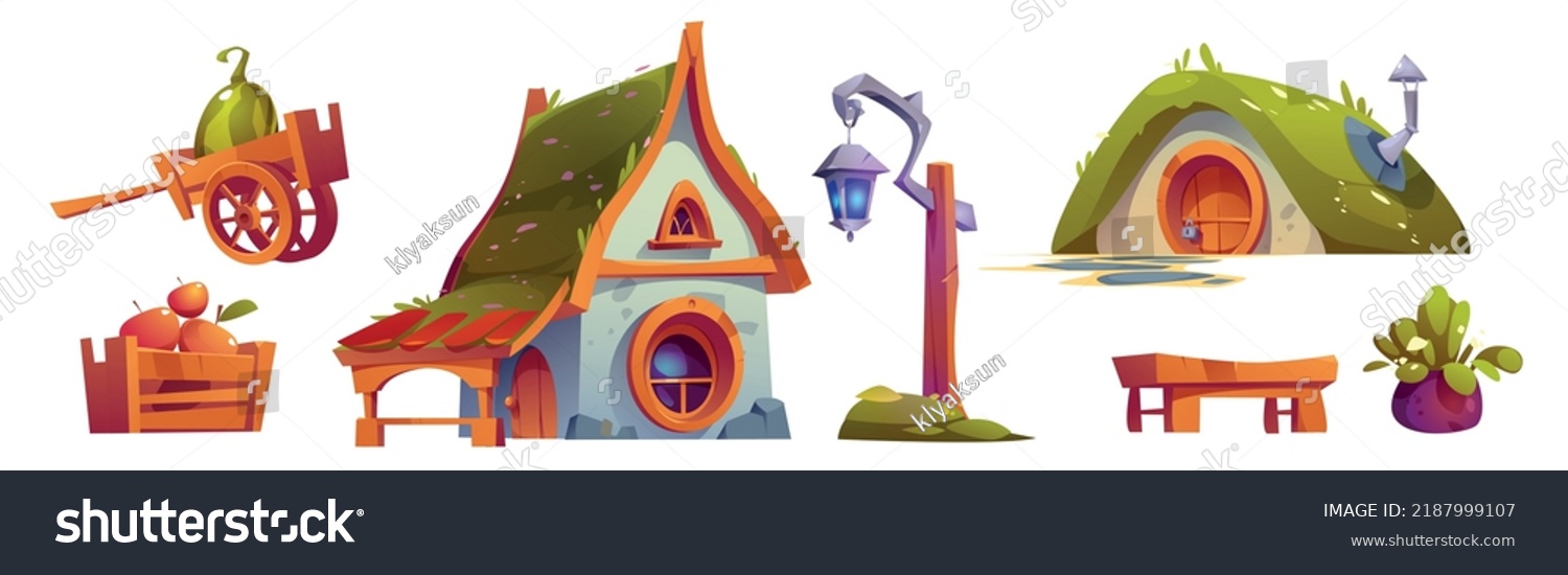 SVG of Fantasy house of dwarf or hobbit isolated objects. Cartoon fairytale dwelling in hillock, cottage, lantern, trolley with watermelon, wooden box with apples, bench and potted plant Isolated vector set svg