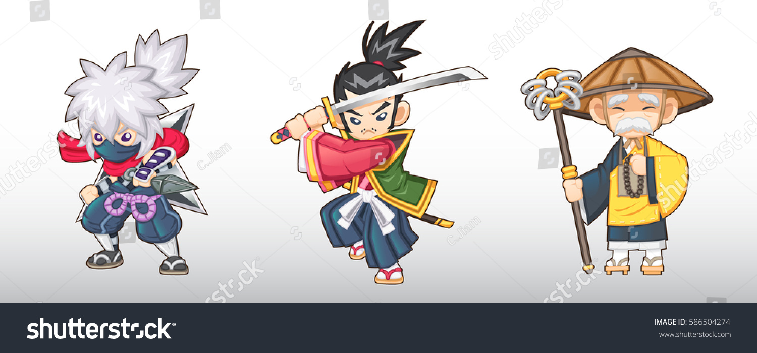 ファンタジーな日本のキャラクターイラスト 忍者 侍 僧 のベクター画像素材 ロイヤリティフリー