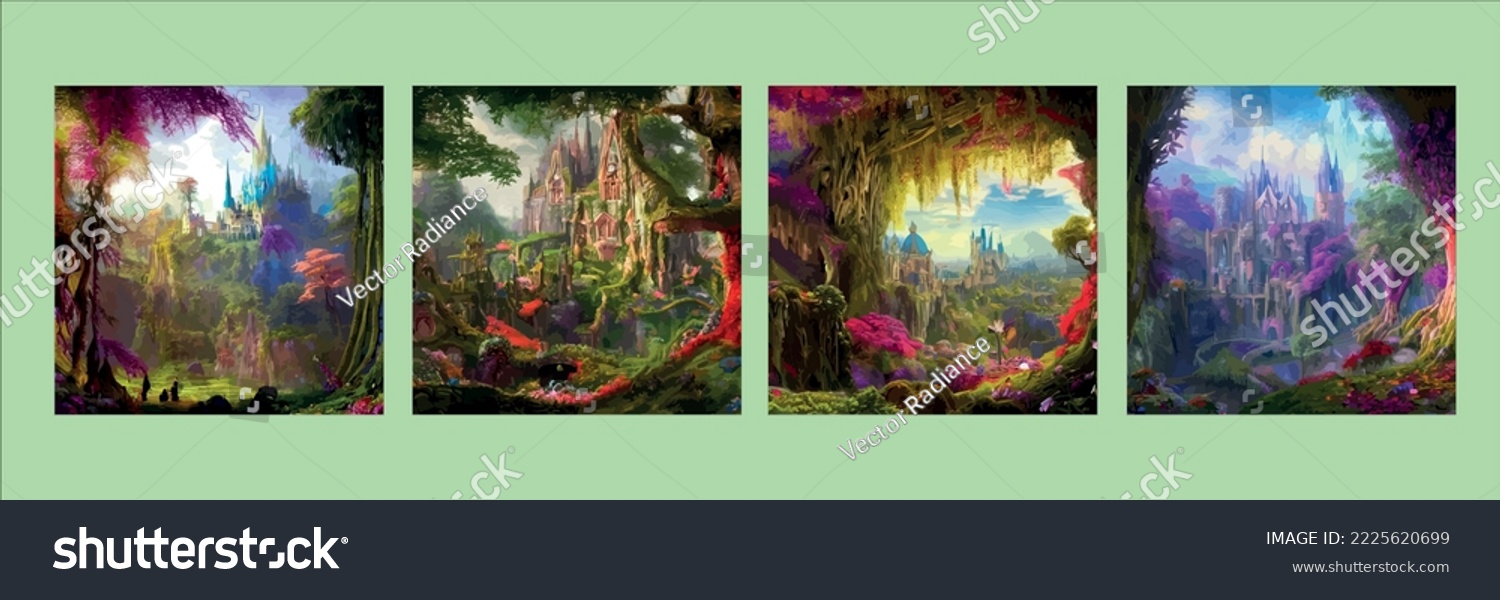 SVG of Fantasy land, grass and hill, Castle with flowers and a tree with a fantastic, realistic style. Digital artwork, concept illustration, cartoon style realistic scene design. set posters svg