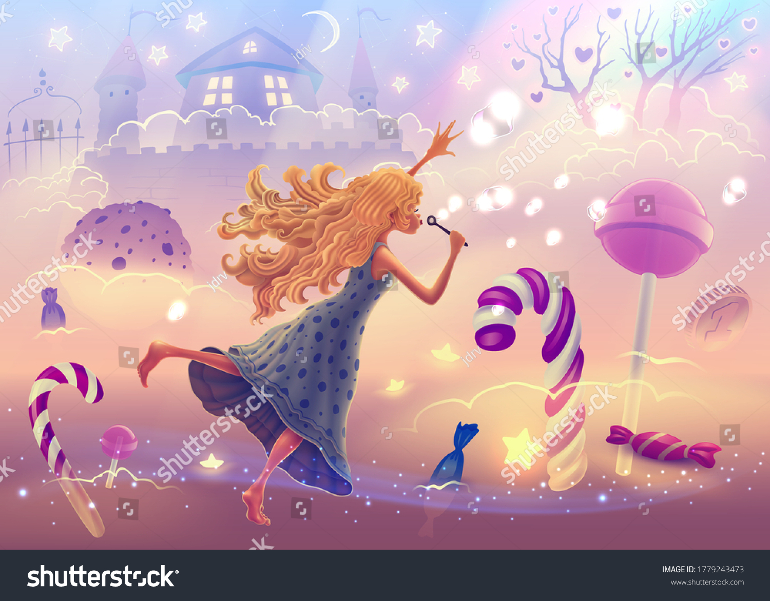 Fantasy Landscape Illustration Dreaming Girl Flying Stock Vector Royalty Free