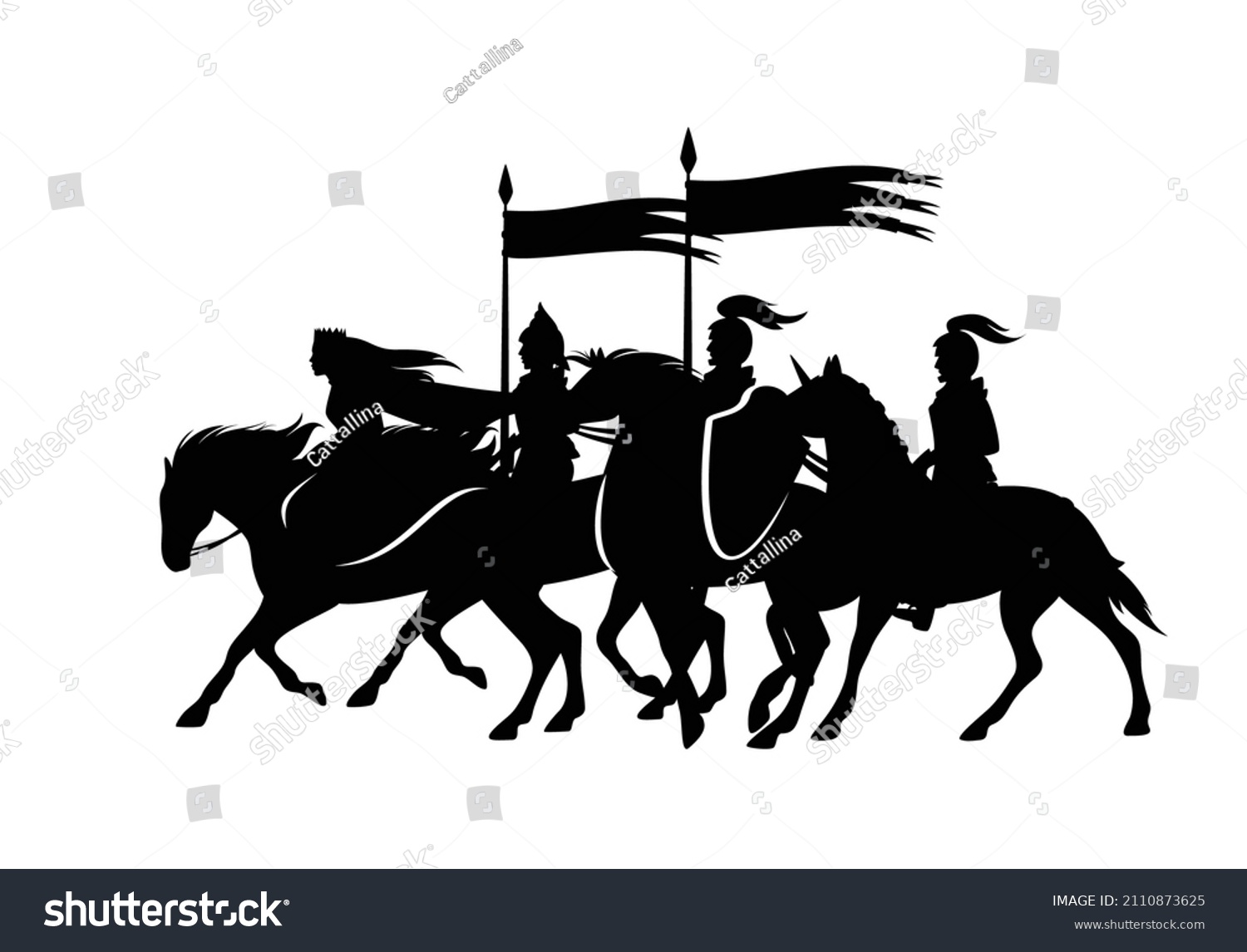 recommend clip art: fantasy princess and guard knights riding horses with flying banners -  vector set of fairy tale medieval black silhouettes (all figures are editable separately)