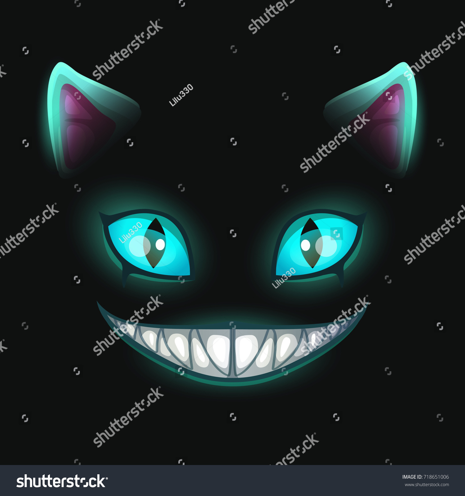 SVG of Fantasy scary smiling cat face on black background. Cheshire Cat vector illustration svg