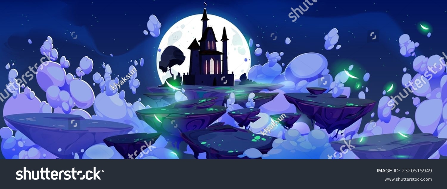 SVG of Fantasy sky road to magic castle vector background. Medieval kingdom fairytale landscape illustration at night. Halloween fortress silhouette with cloud and moonlight. Mystery floating rock island svg
