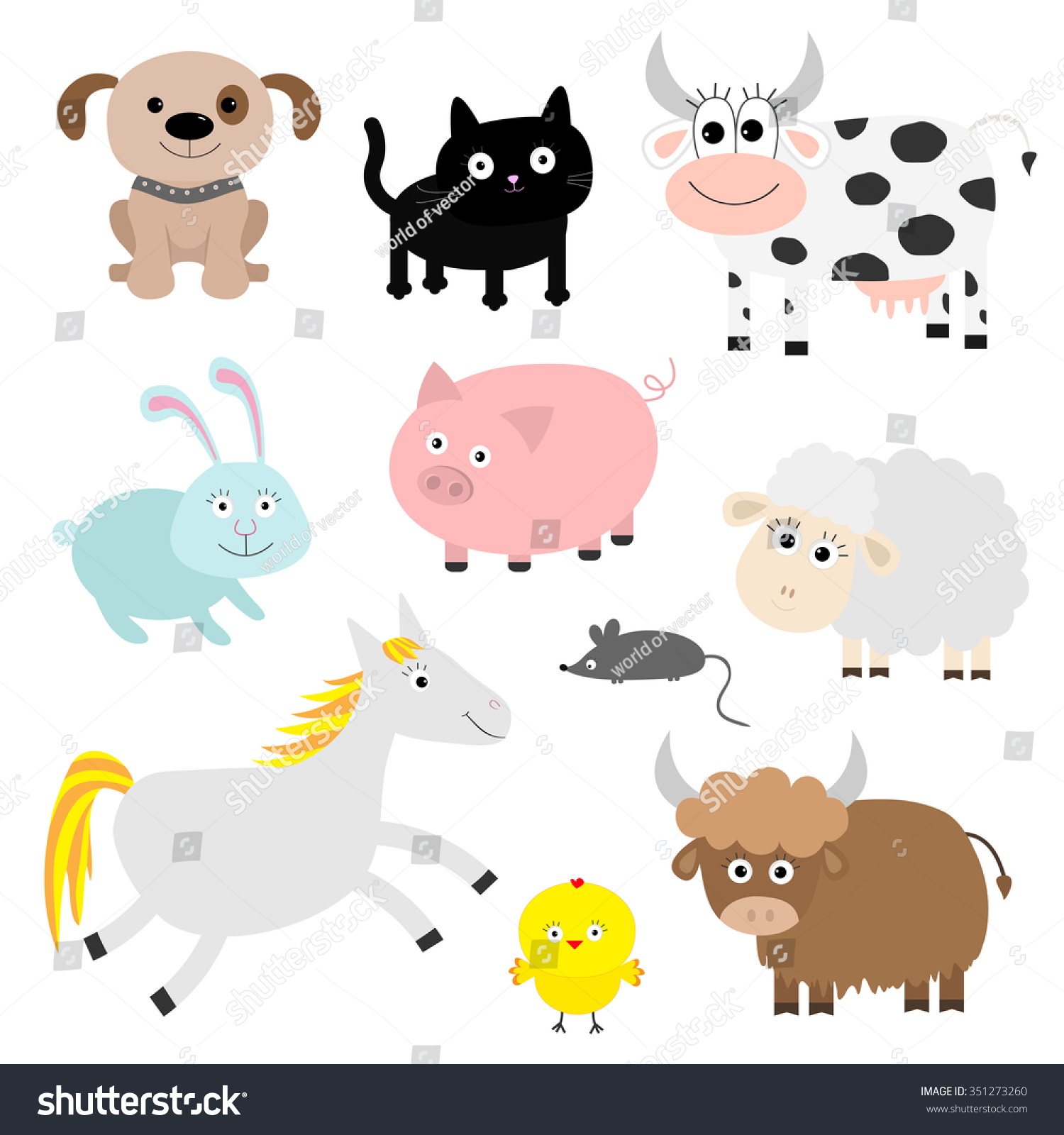 Farm Animal Set. Dog, Cat, Cow, Rabbit, Pig, Ship, Mouse, Horse, Chi ...