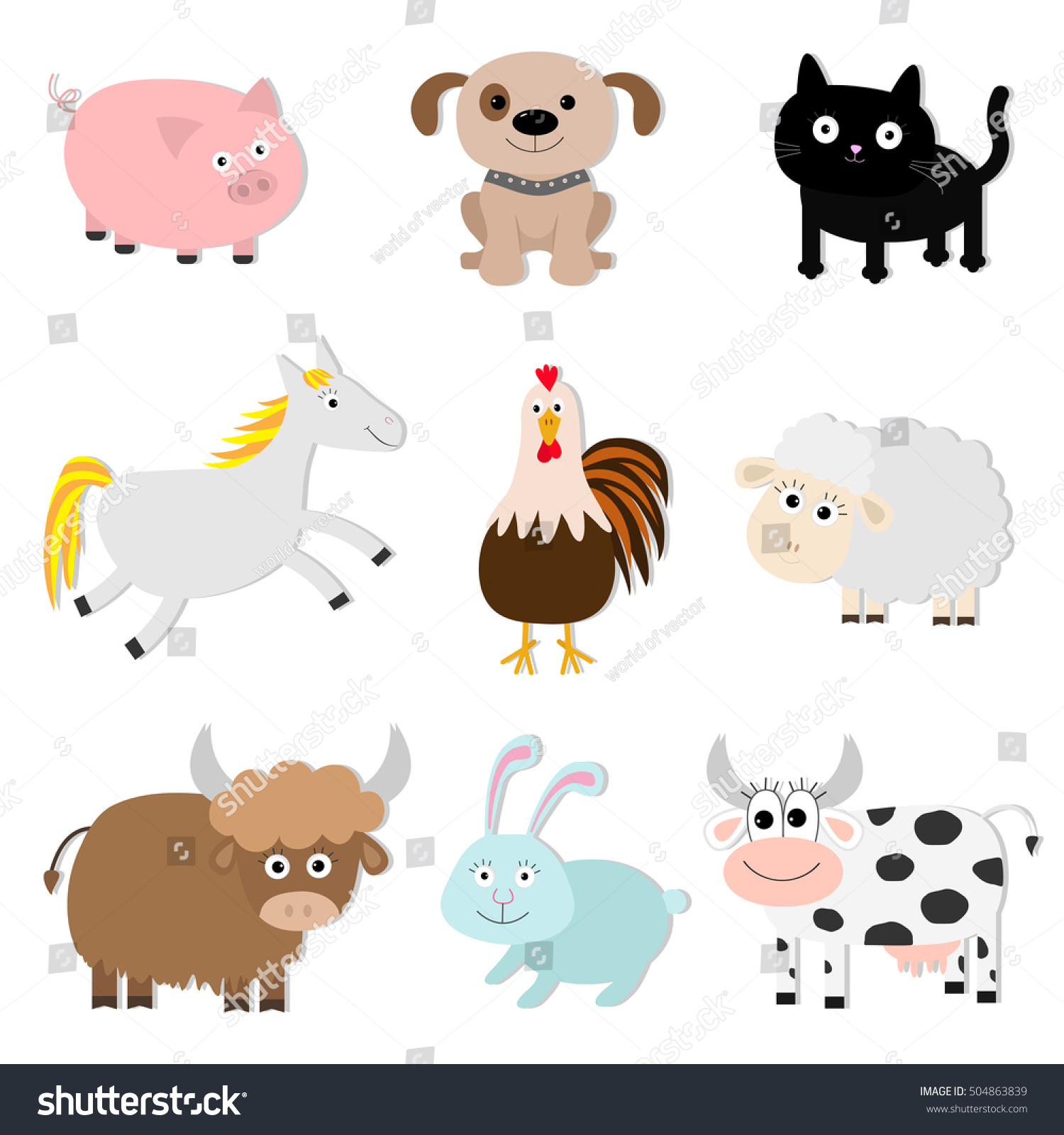 Farm Animal Set Pig Cat Cow Stock Vector (Royalty Free) 504863839