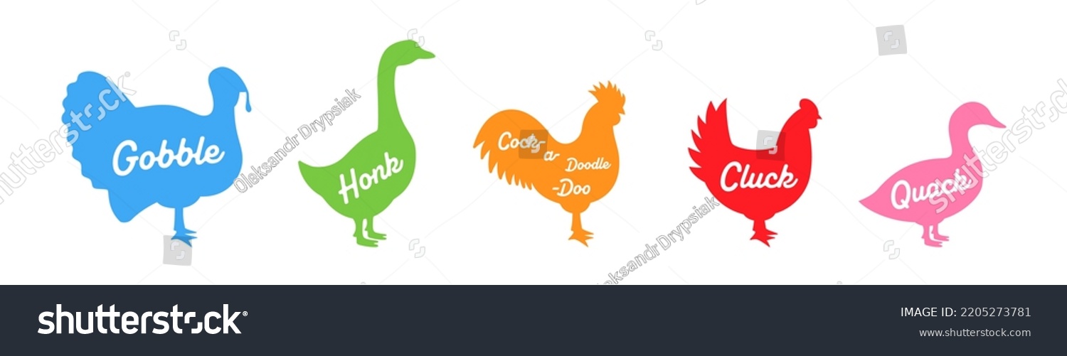 SVG of Farm animal silhouettes with hand draw lettering. Gobble, Honk, Cock-a-doodle-doo, Cluck, Quack - animals voice lettering. Farm animals silhouettes svg