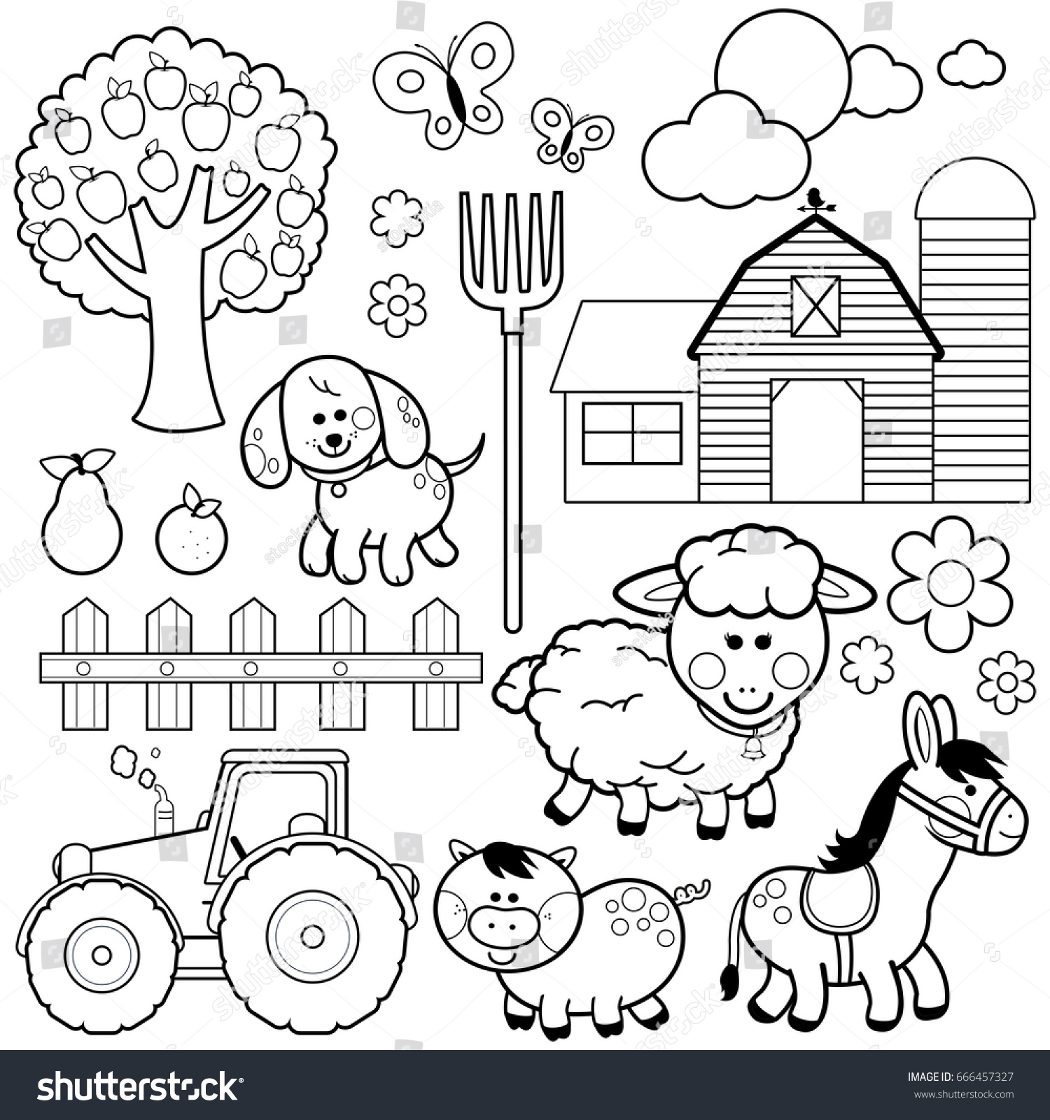 Farm Animals Black White Coloring Book Stock Vector 666457327 ...