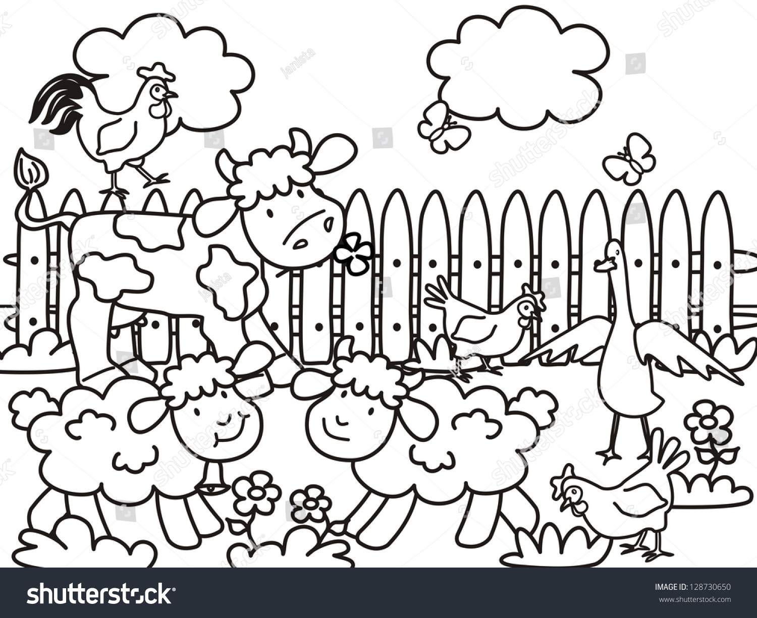 Farm Animals Coloring Page Black White Stock Vector (Royalty Free ...