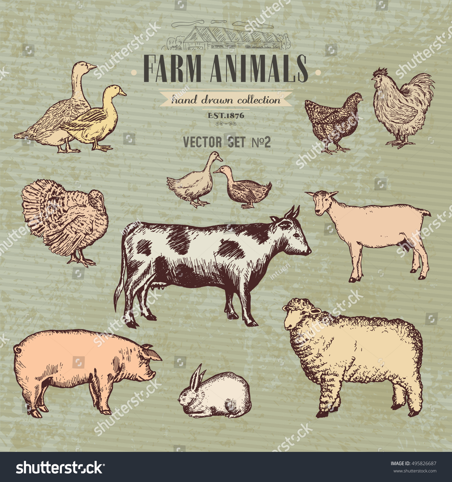 Farm Animals Vintage Collection, Cow, Pig, Goat, Sheep, Chicken, Duck ...