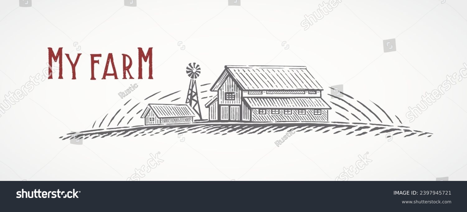 SVG of Farm building, rural landscape, drawing in engraving style. Vector illustration. svg
