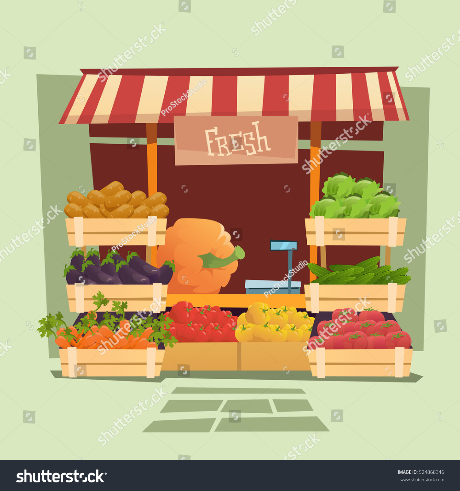 Farm Market Organic Eco Fruits Vegetables Grocery Flat Vector ...