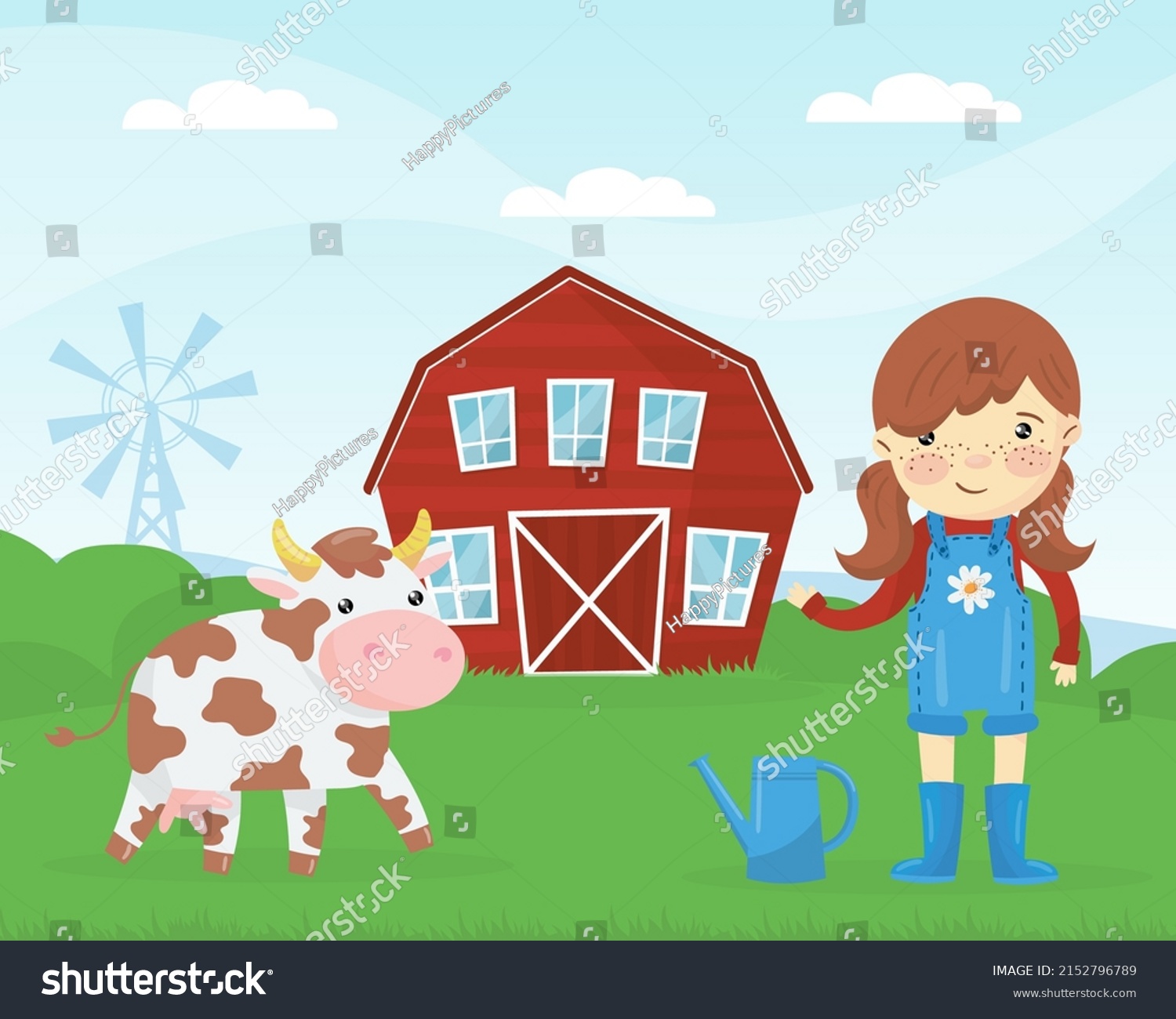 Farm Scene Cute Girl Farmer Red Stock Vector (Royalty Free) 2152796789 ...