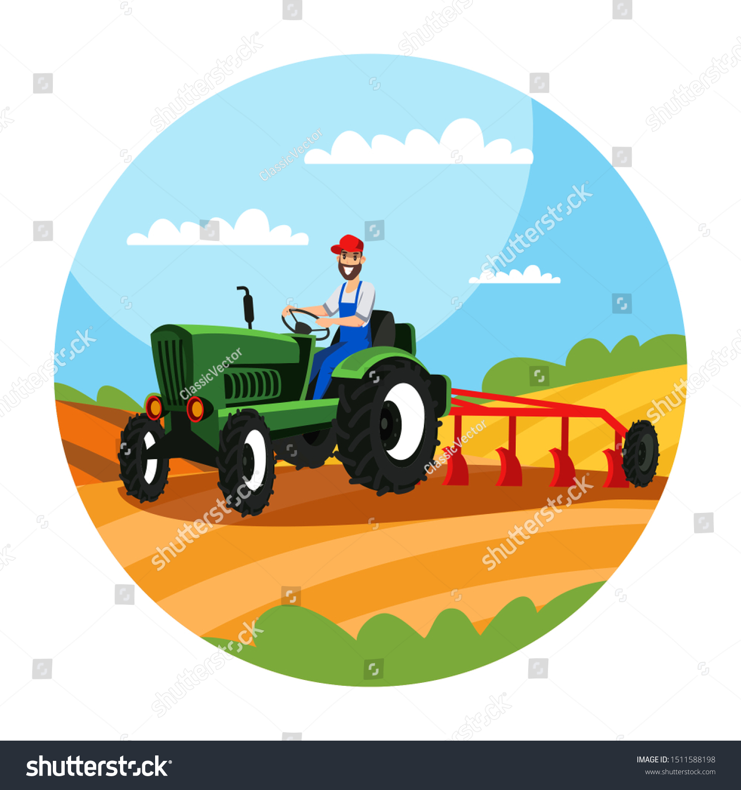 プラウイラストを使用した農夫の運転トラクター 人間が耕す畑で 重い農業機械を使って 離れたクリップアートを取り囲みます 農地労働者のフラットキャラクター 園芸栽培技術 のベクター画像素材 ロイヤリティフリー