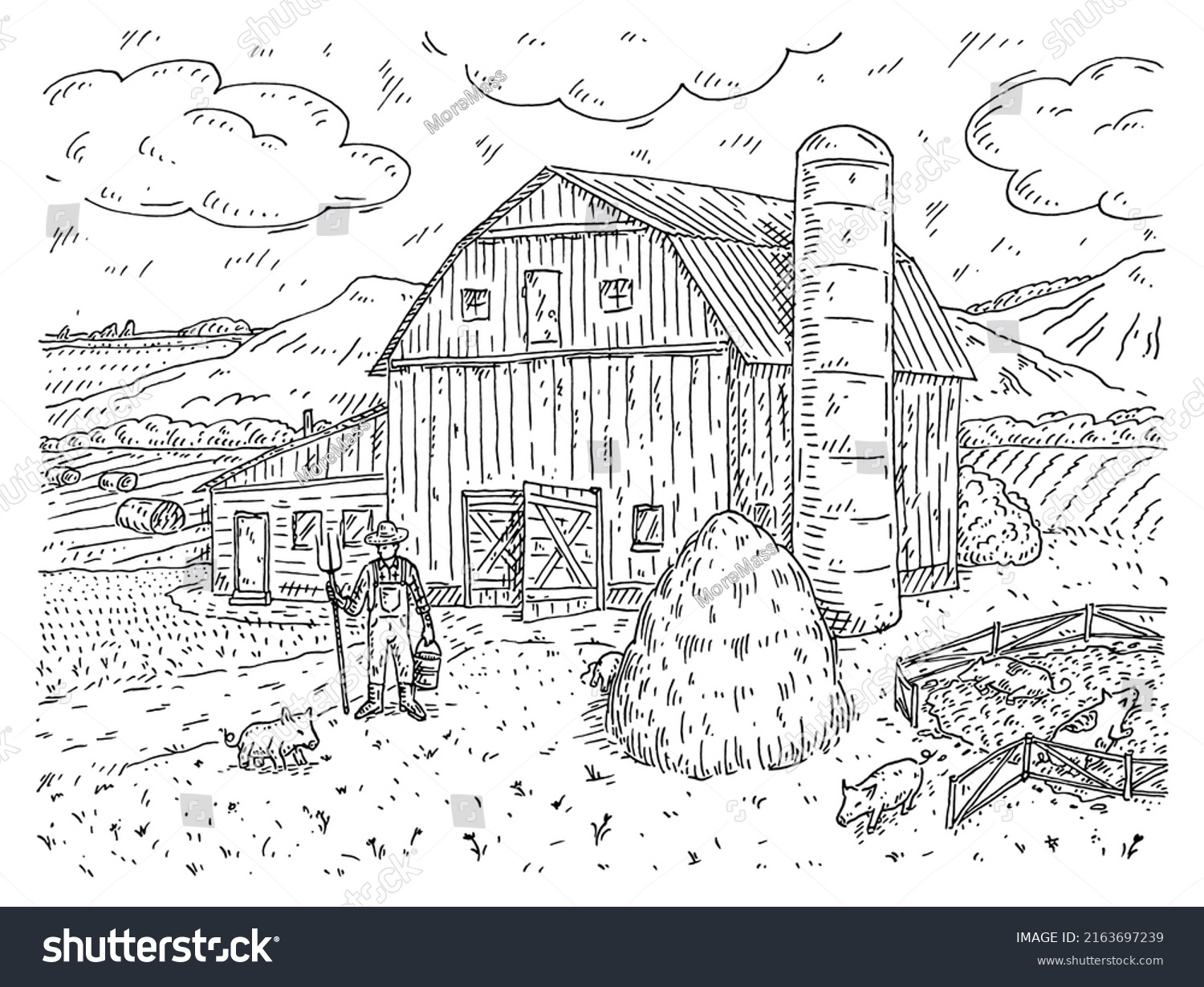 Farmer Holding Pitchfork Vintage Vector Engrave Stock Vector Royalty   Stock Vector Farmer Holding Pitchfork Vintage Vector Engrave Monochrome Black Illustration Isolated On White 2163697239 