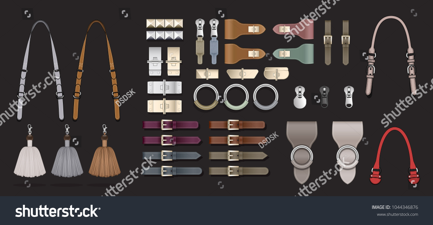 SVG of Fashion accessories illustration zipper pulls Handbag illustration template design elements belt buckle tassels tabs leather textured closure clasp isolated svg