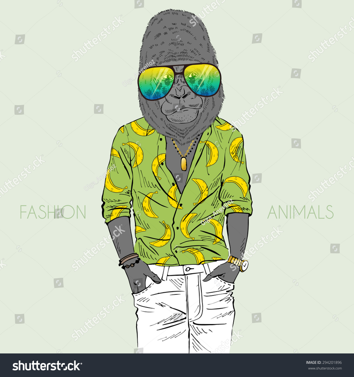 ファッション動物イラスト 擬人化デザイン ファリーアート アロハシャツを着たゴリラの手描きのイラスト のベクター画像素材 ロイヤリティフリー