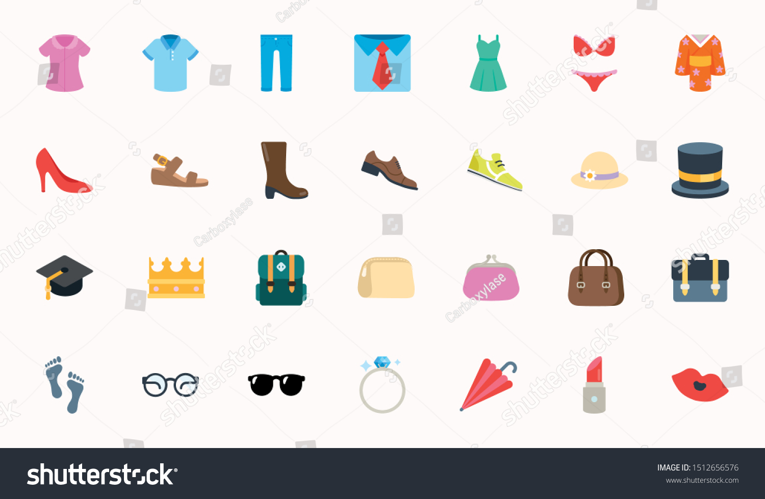 SVG of Fashion Clothes Vector Illustration Icons Set. Shopping Emojis Collection. Menswear, Womenswear, Accessories, Ring, Hat, Shirts, Wears, Apparels, Dresses svg