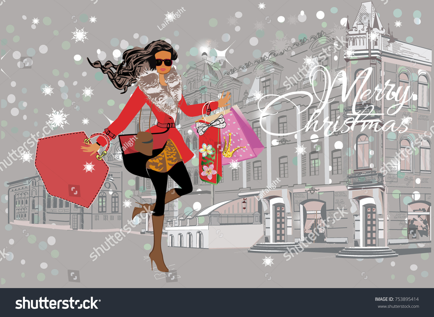 Download Fashion Girl Hat Coat Shopping Street Stock Vector Royalty Free 753895414 PSD Mockup Templates