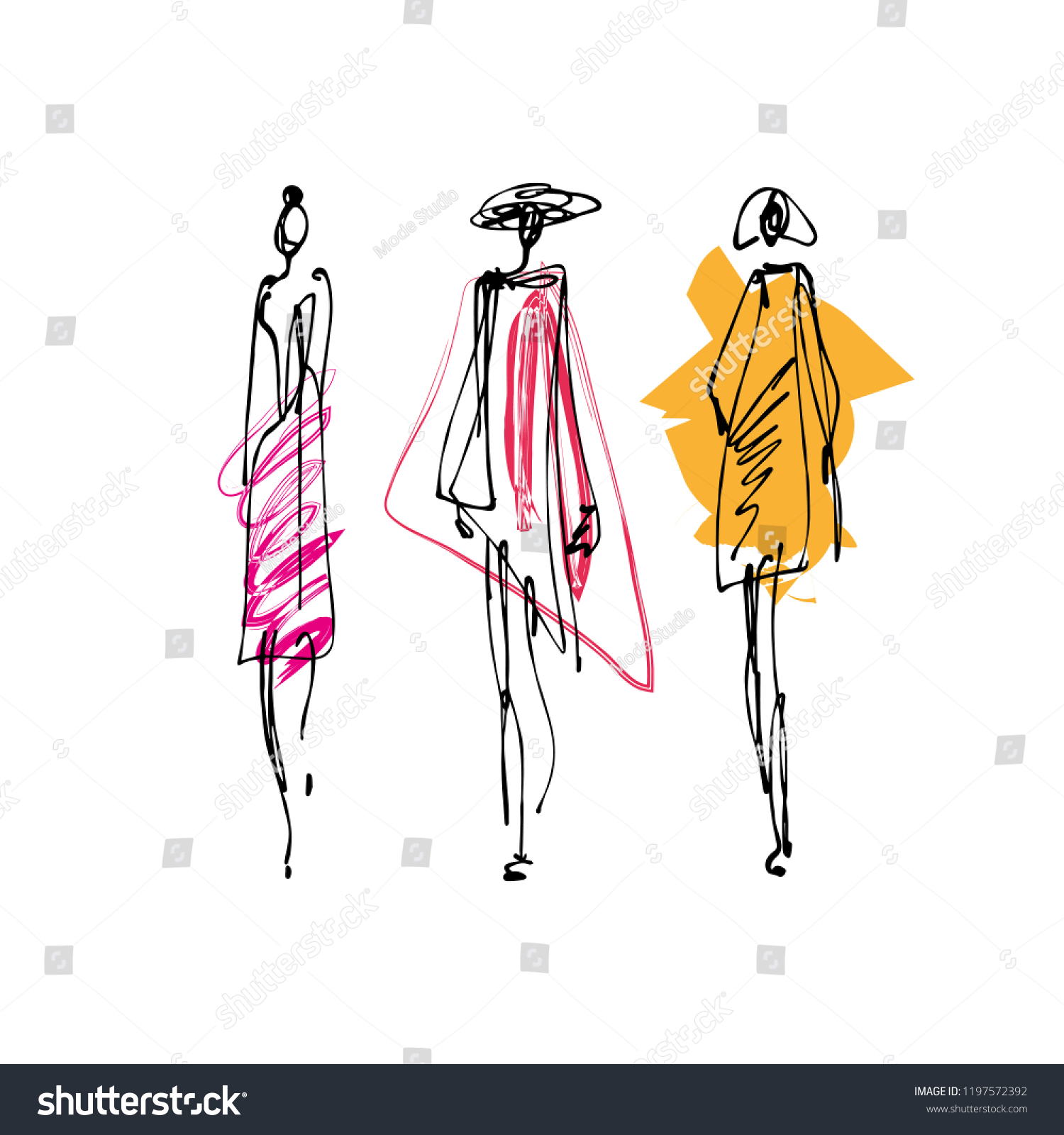 Fashion Models Hand Drawn Sketch Stylized Stock Vector (Royalty Free ...