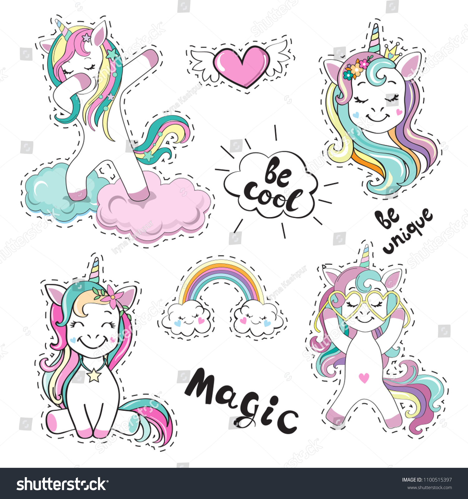 SVG of Fashion Patch Badges with beautiful unicorns and the inscription be cool on a white background svg