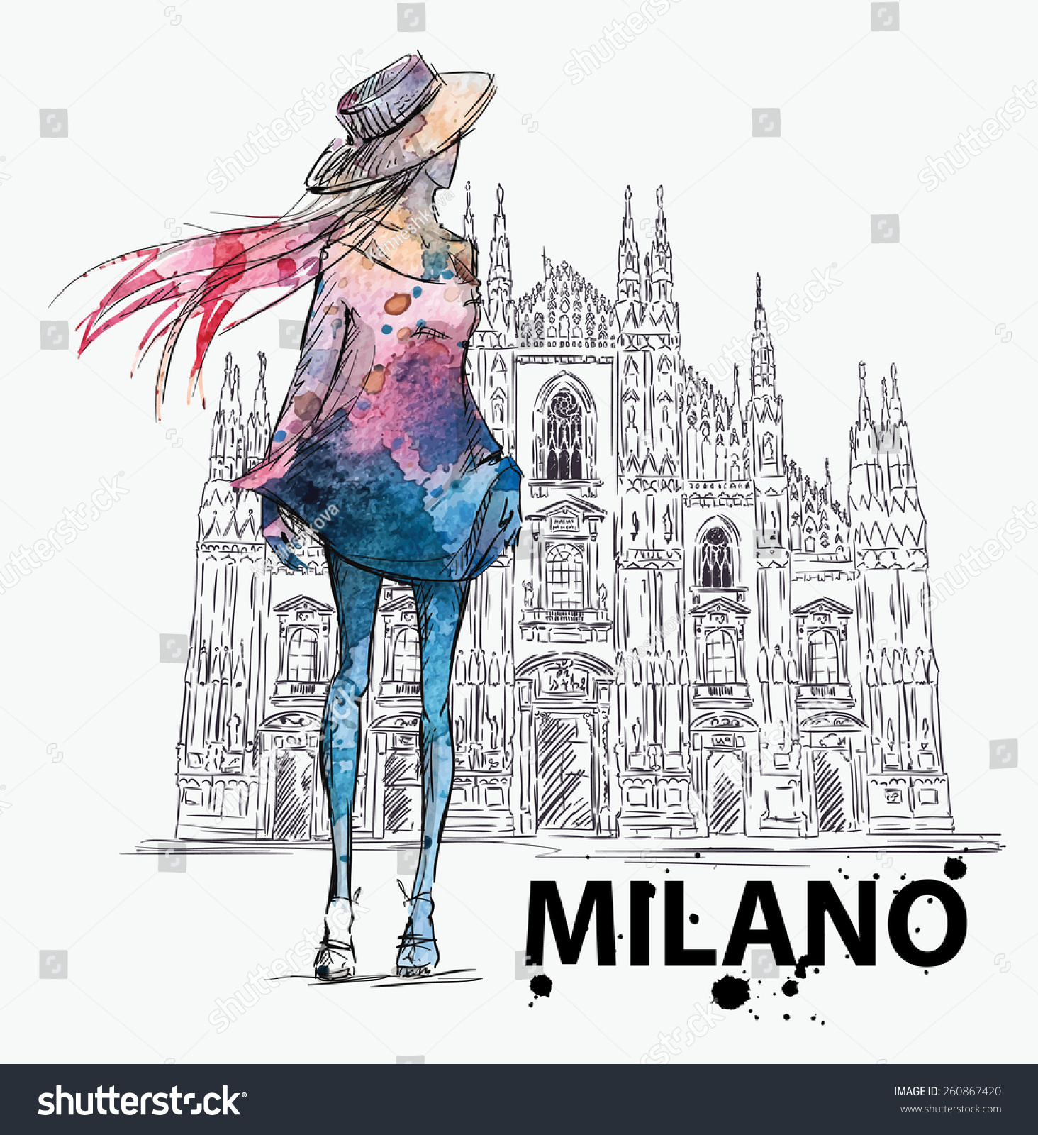 Fashion Sketch Girl On Milano Duomo Stock Vector Royalty Free