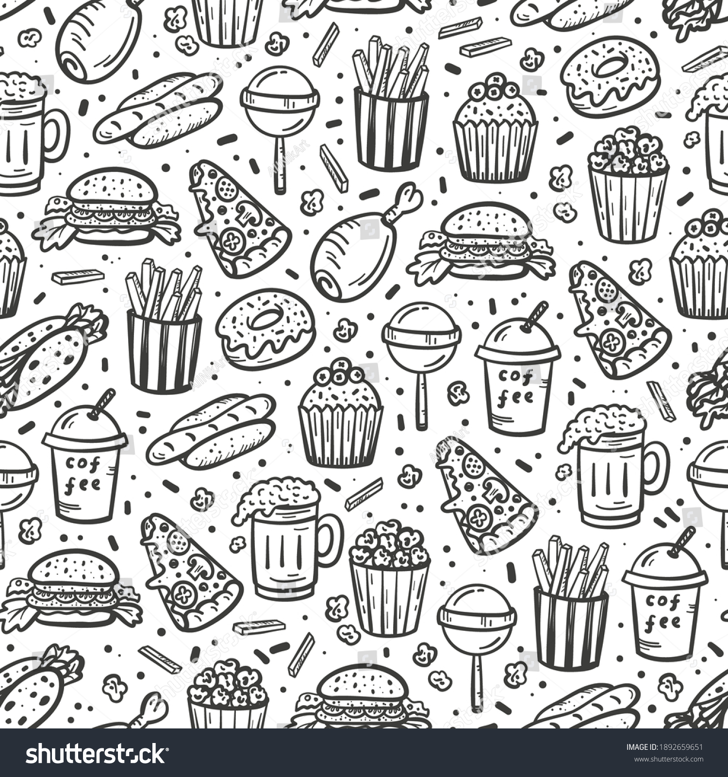 Fast Food Outline Icons Seamless Pattern Stock Vector (Royalty Free ...