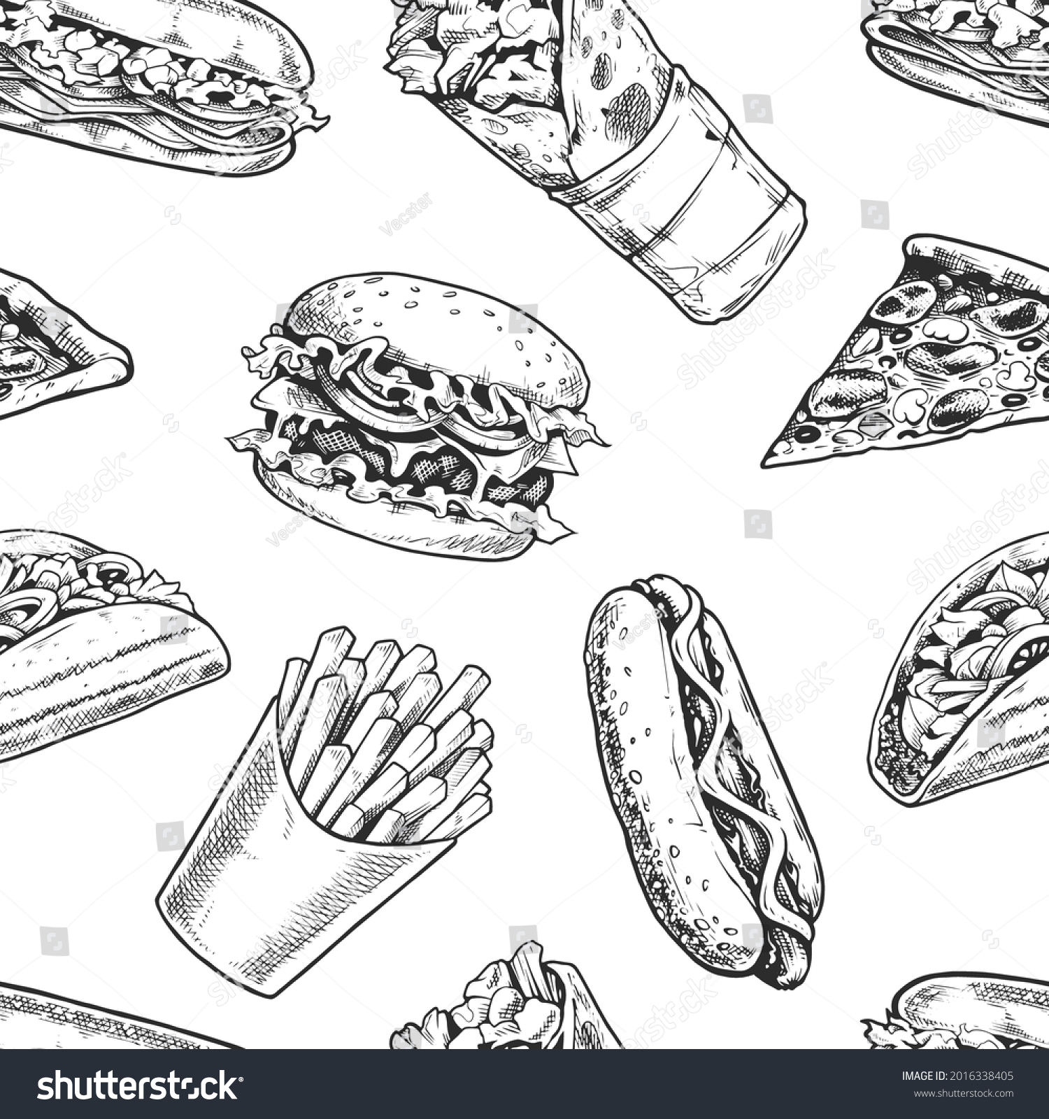 Fast Food Seamless Pattern Black White Stock Vector (Royalty Free ...