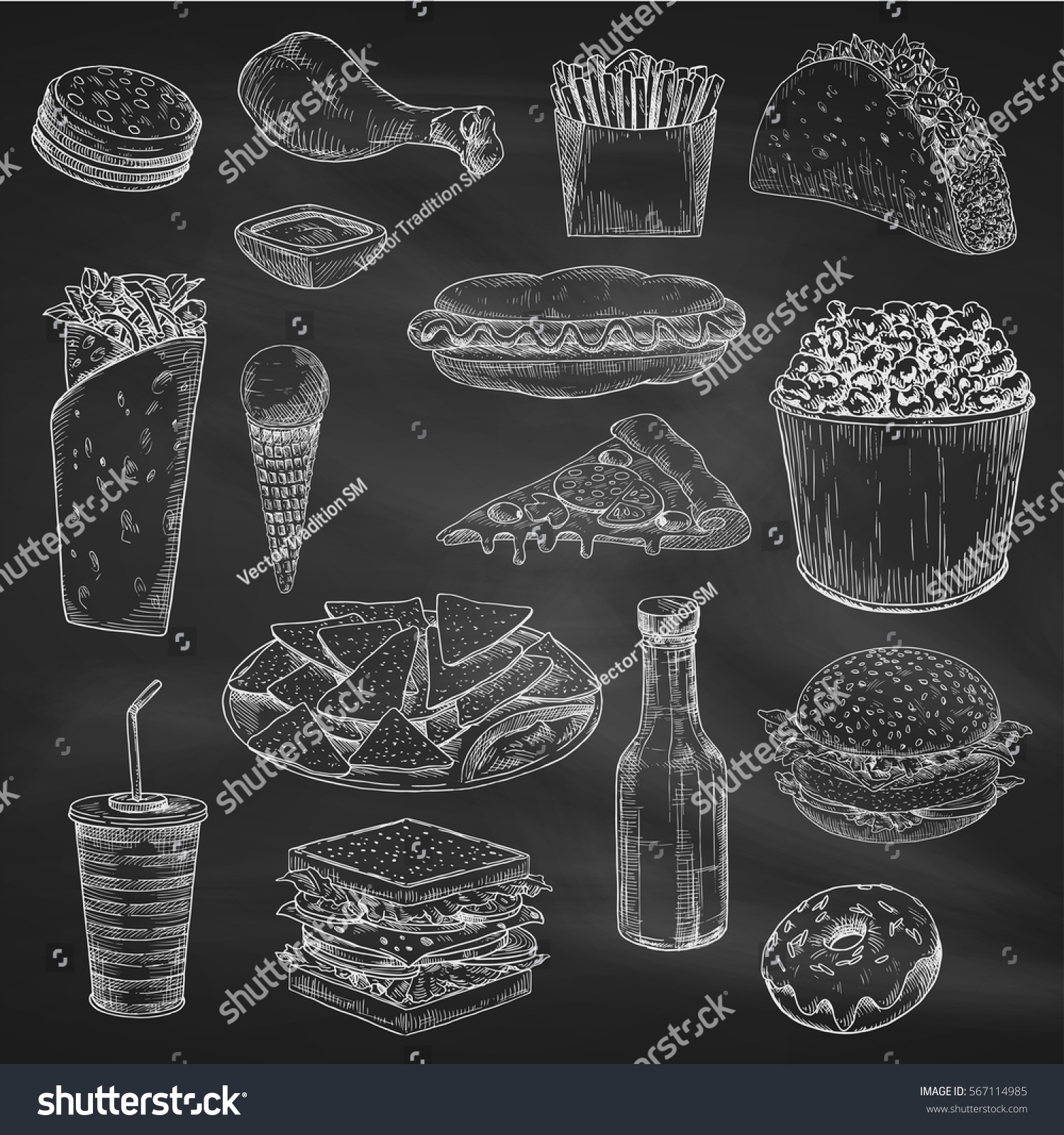 Fast Food Sketch On Chalkboard Chalk Stock Vector 567114985 - Shutterstock