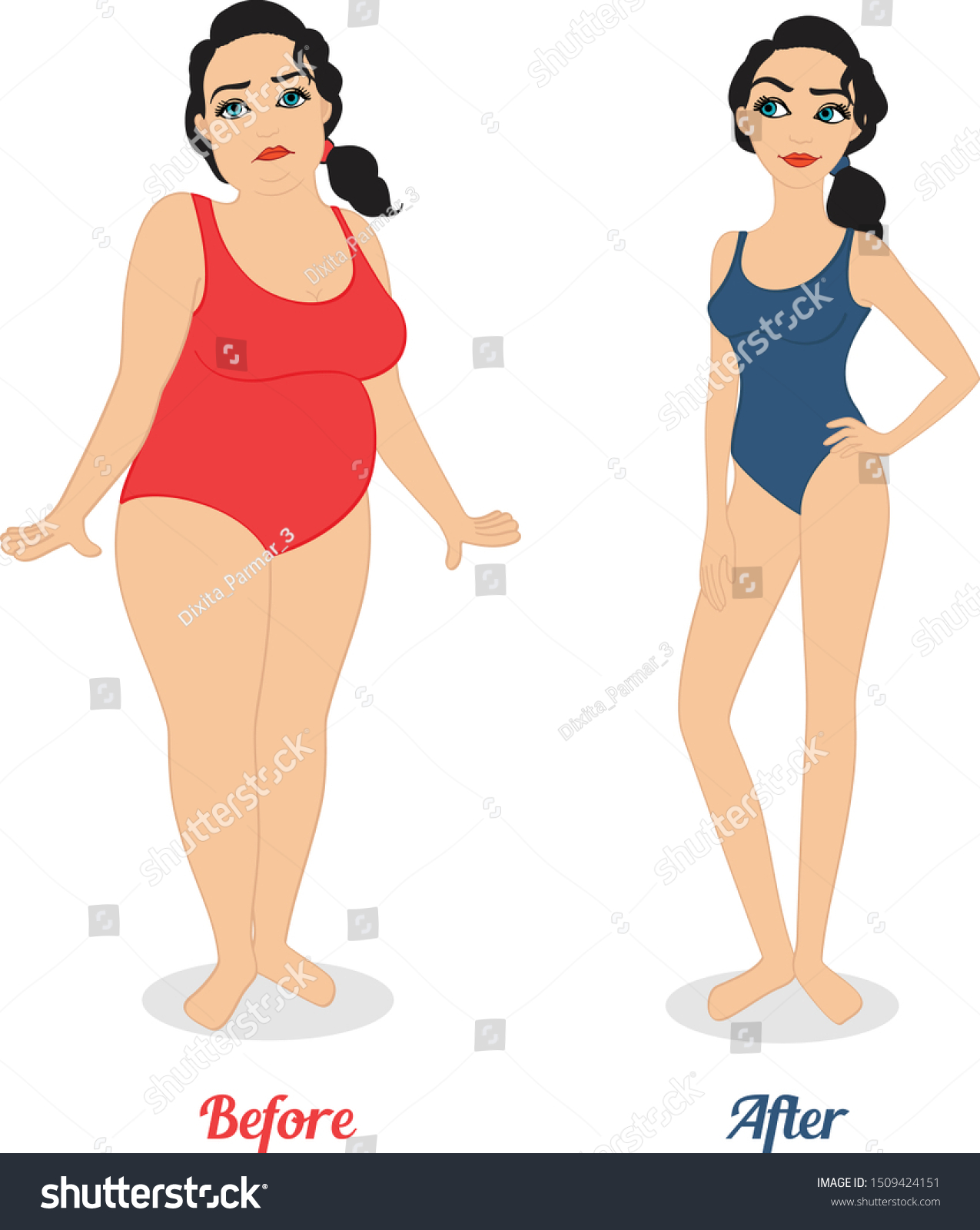 Fat Slim Woman Before After Weight Vector De Stock Libre De Regalías