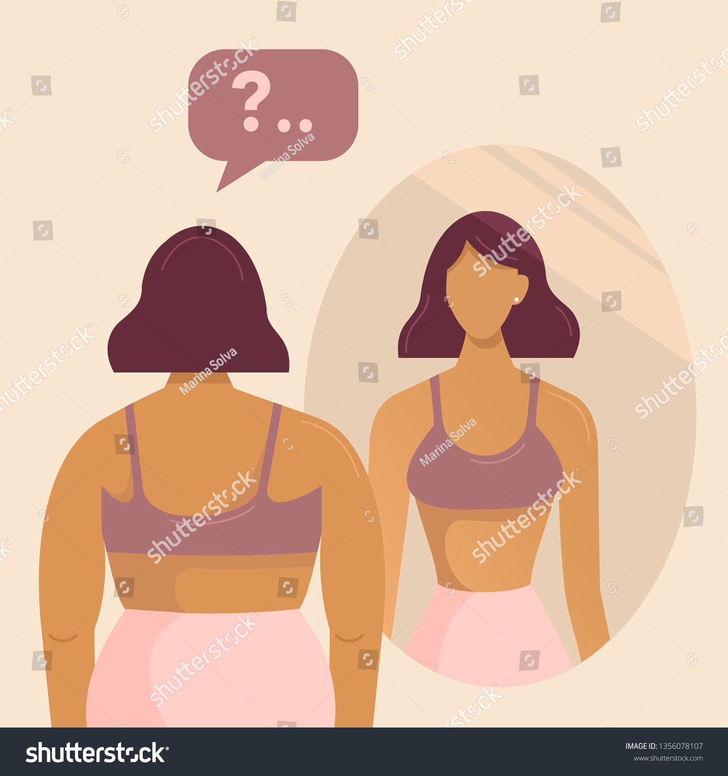 SVG of Fat girl and reflection her slim version in the mirror. Full woman does not know how to become thin. Women's dreams. Vector illustration, flat design. Female cartoon character with bubble  svg