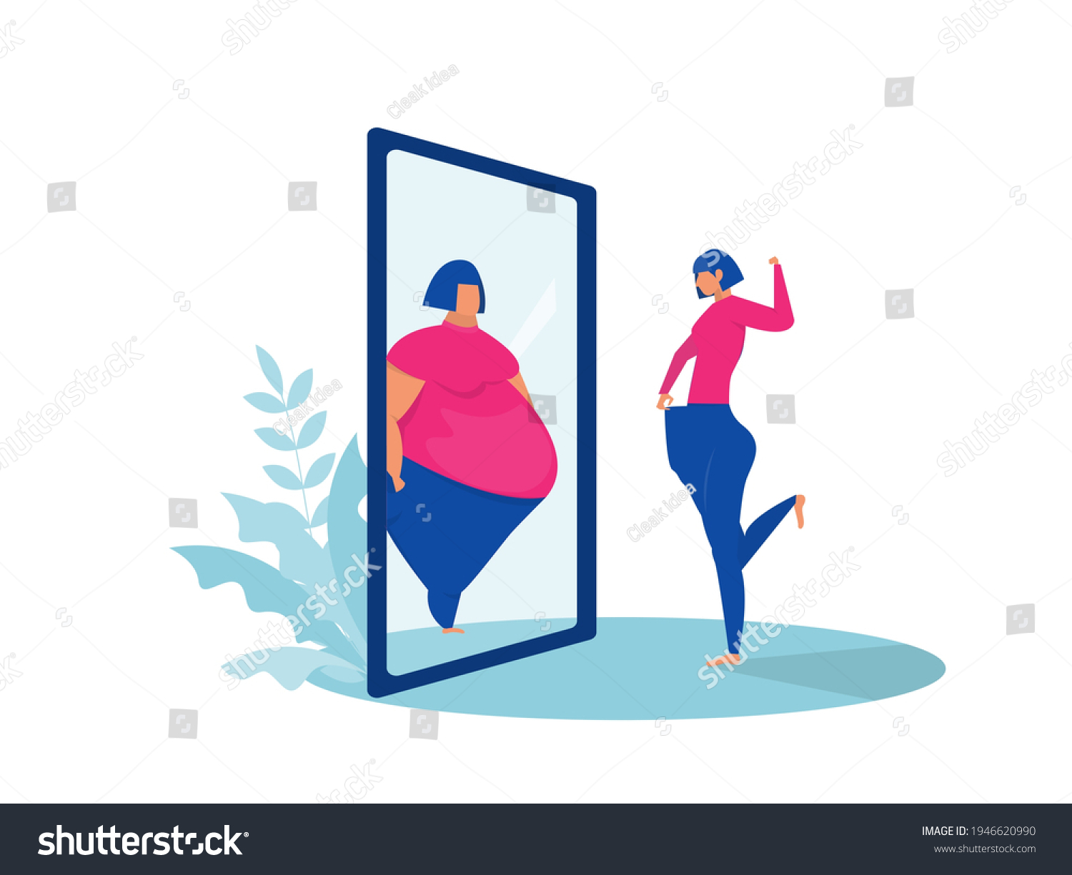 SVG of fat lady  looking at mirror fit reflection before and after concept. svg