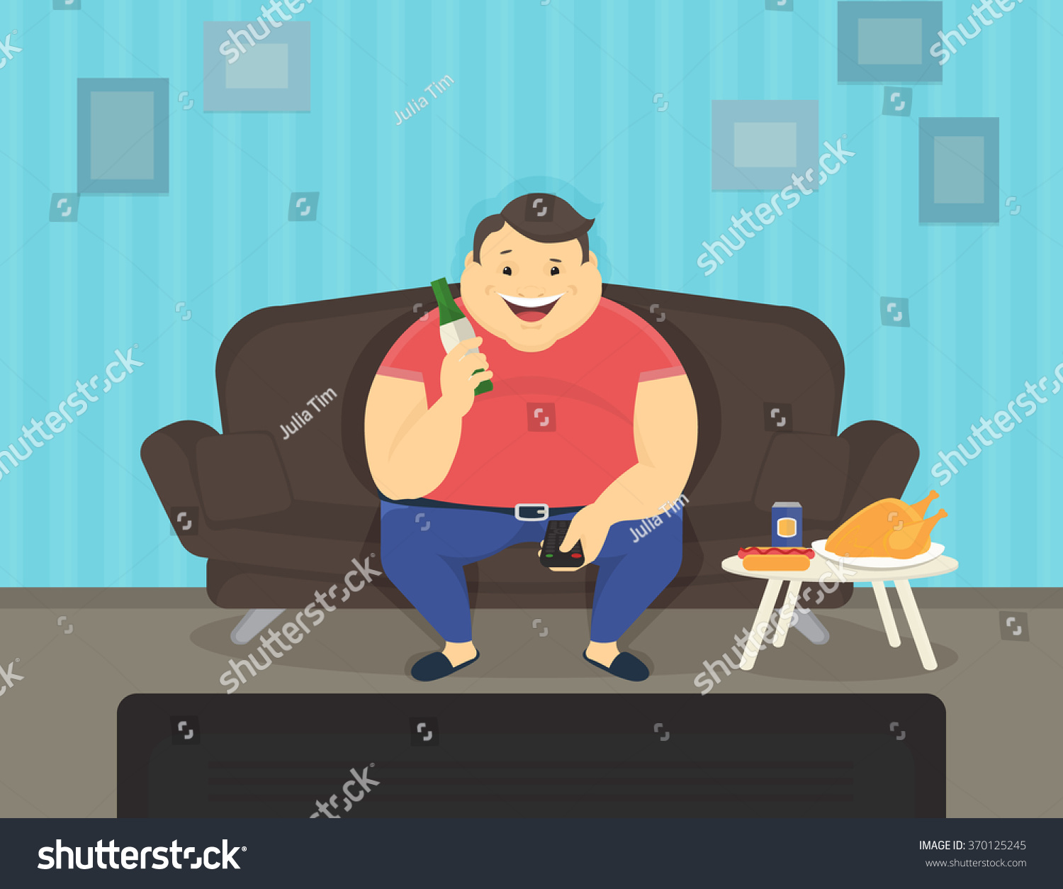 Fat Man Sitting Home On Sofa Stock Vector (Royalty Free) 370125245