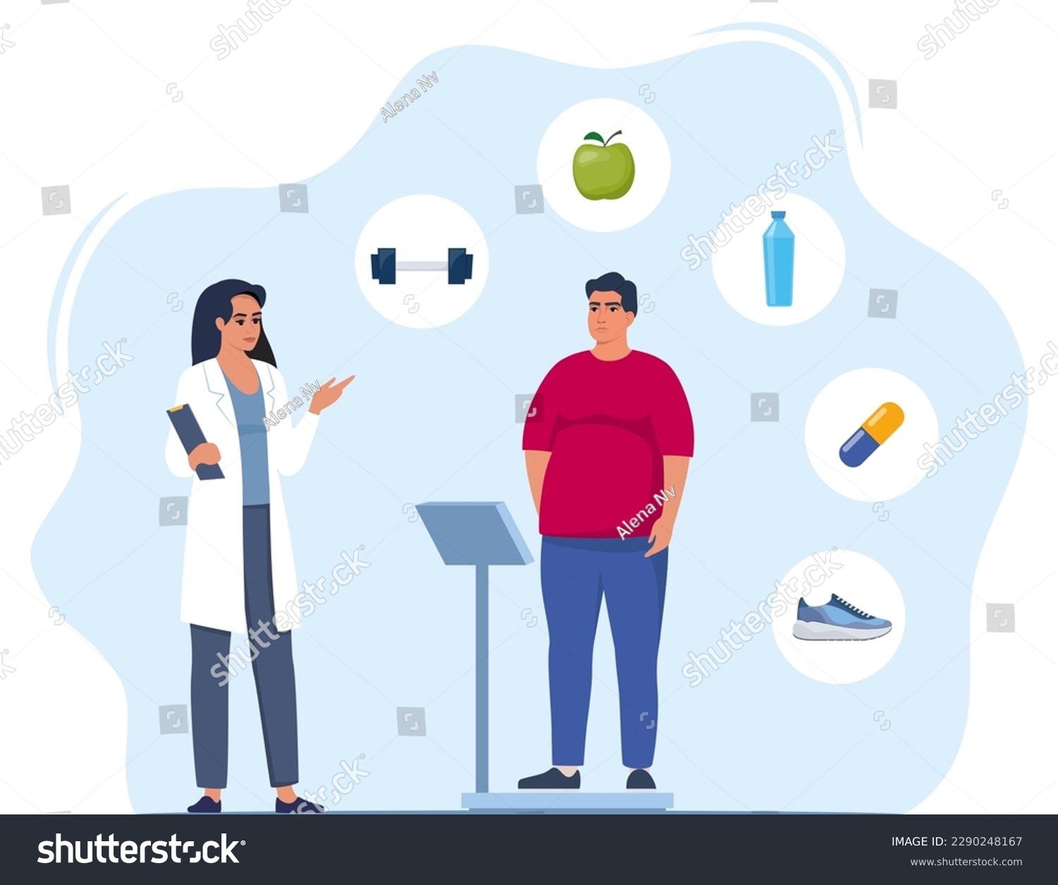 SVG of Fat man standing on weigh scales. Doctor explain about health and how to loose weight, Obese patient, fat control instruction, diabetes patient, control calories, sports. Vector illustration svg